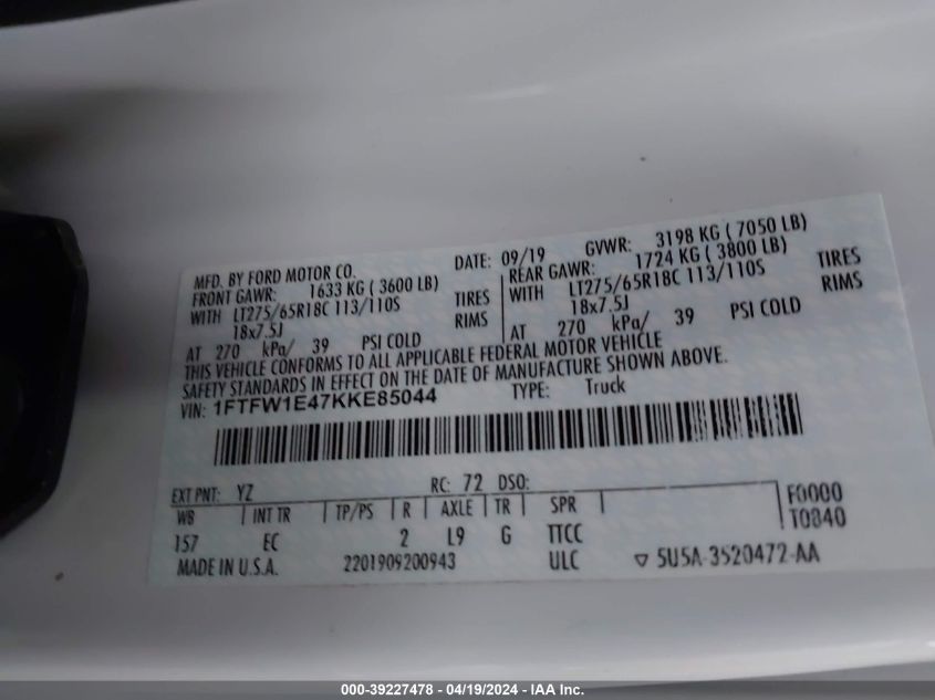 2019 Ford F-150 Lariat VIN: 1FTFW1E47KKE85044 Lot: 39227478