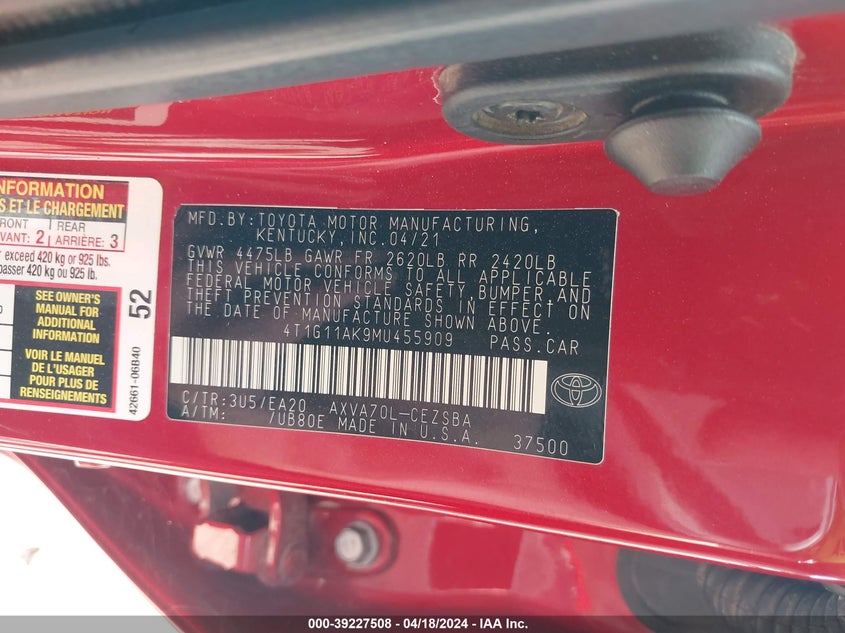 2021 TOYOTA CAMRY VIN: 4T1G11AK9MU455909