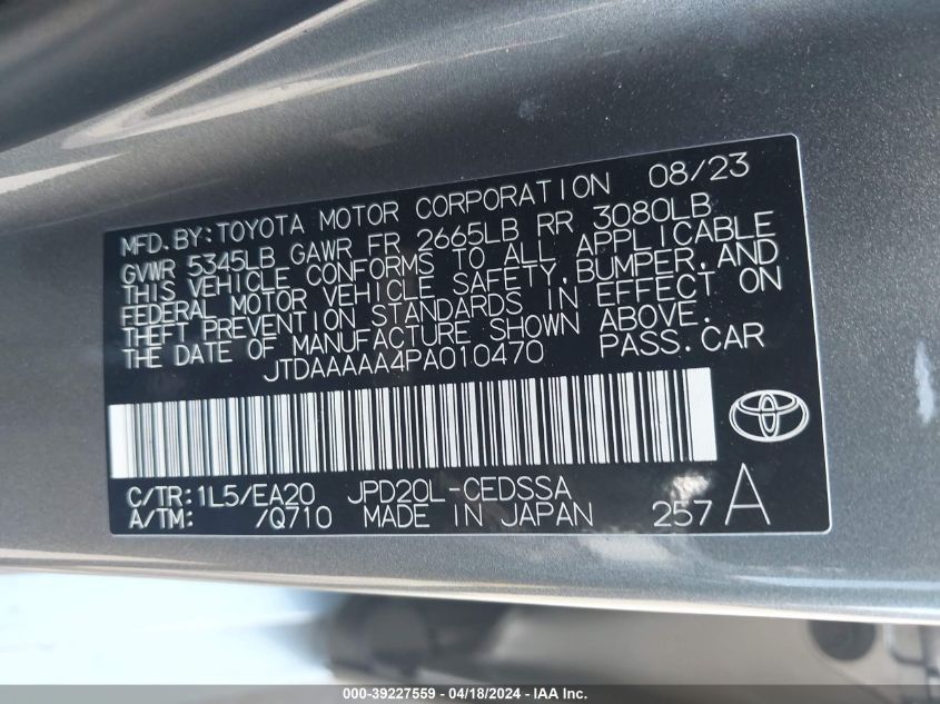 2023 Toyota Mirai Xle VIN: JTDAAAAA4PA010470 Lot: 39227559