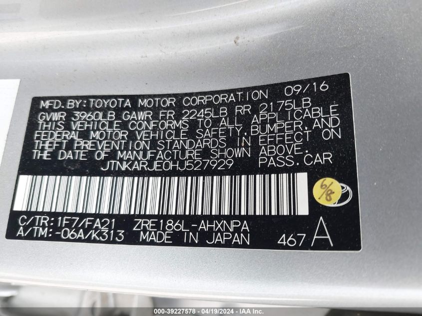 2017 Toyota Corolla Im VIN: JTNKARJE0HJ527929 Lot: 39227578