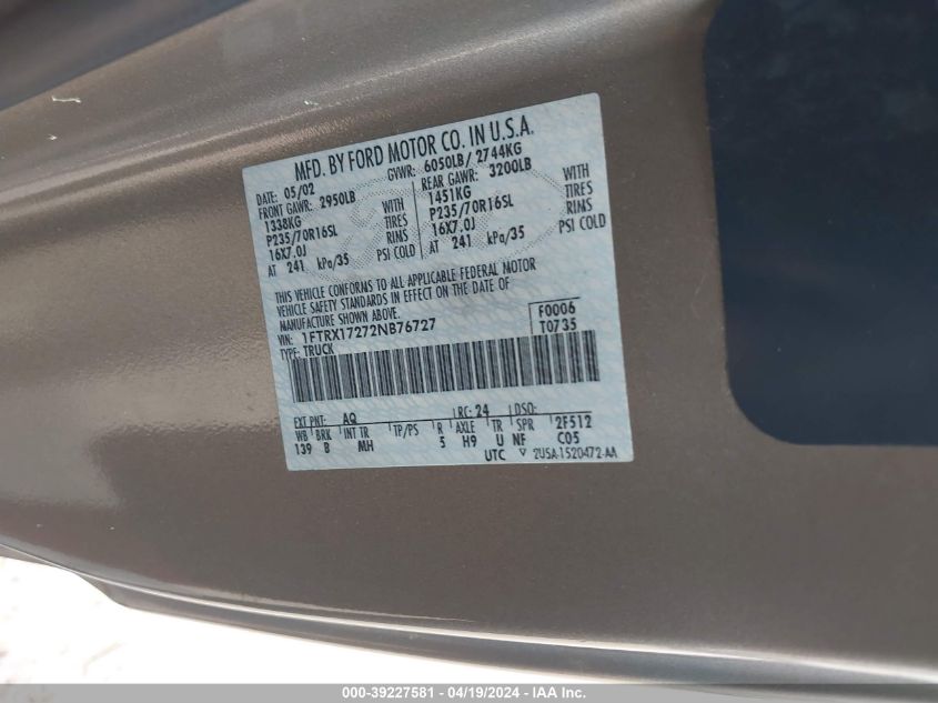 2002 Ford F-150 Xl/Xlt VIN: 1FTRX17272NB76727 Lot: 39227581