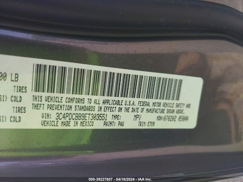 2014 Dodge Journey Sxt VIN: 3C4PDCBB9ET303551 Lot: 39227607