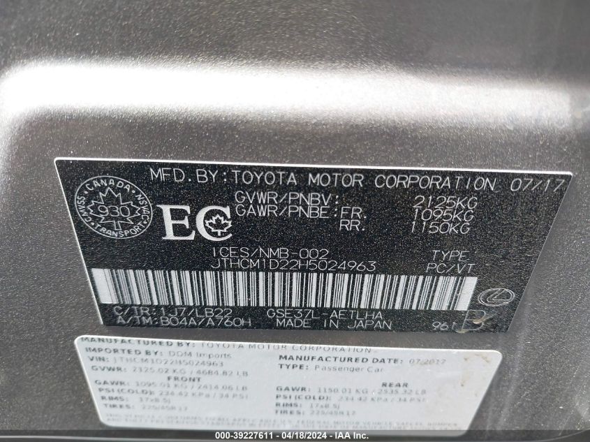 2017 Lexus Is 300 VIN: JTHCM1D22H5024963 Lot: 39227611