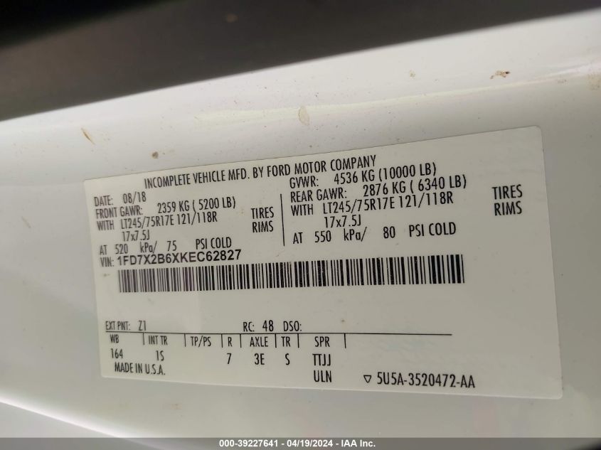 2019 Ford F-250 Xl VIN: 1FD7X2B6XKEC62827 Lot: 39227641