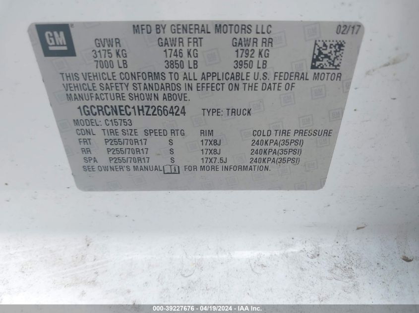 2017 Chevrolet Silverado 1500 Wt VIN: 1GCRCNEC1HZ266424 Lot: 39227676