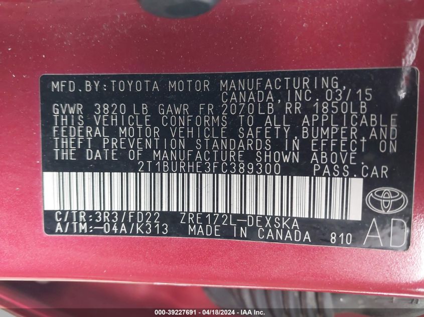 2015 Toyota Corolla S Plus VIN: 2T1BURHE3FC389300 Lot: 39227691