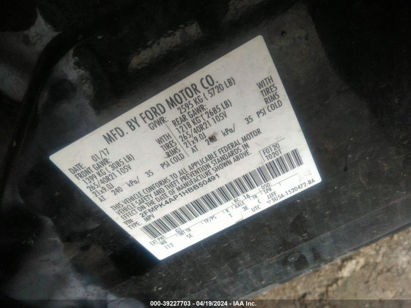 2017 Ford Edge Sport VIN: 2FMPK4AP1HBB50491 Lot: 39256244