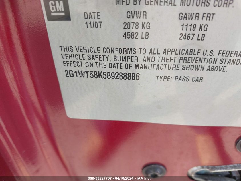 2008 Chevrolet Impala Lt VIN: 2G1WT58K589288886 Lot: 39227707