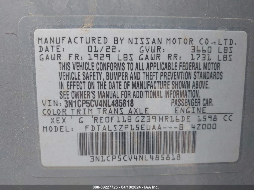 2022 Nissan Kicks Sv Xtronic Cvt VIN: 3N1CP5CV4NL485818 Lot: 39227725