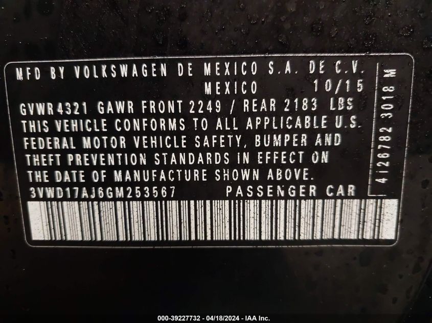 2016 Volkswagen Jetta 1.8T Sport VIN: 3VWD17AJ6GM253567 Lot: 39227732