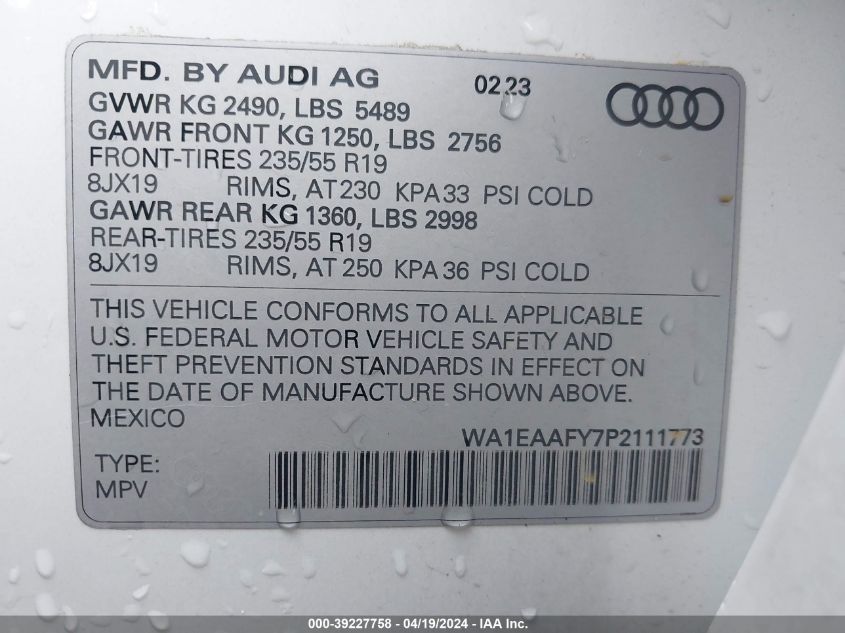 2023 Audi Q5 Premium Plus 45 Tfsi S Line Quattro VIN: WA1EAAFY7P2111773 Lot: 39227758