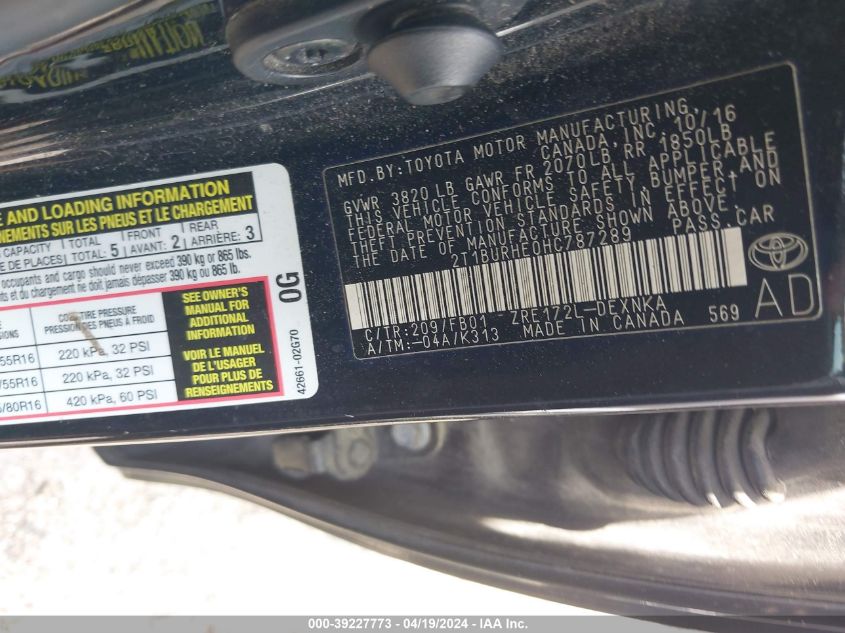 2017 Toyota Corolla Le VIN: 2T1BURHE0HC787289 Lot: 39227773