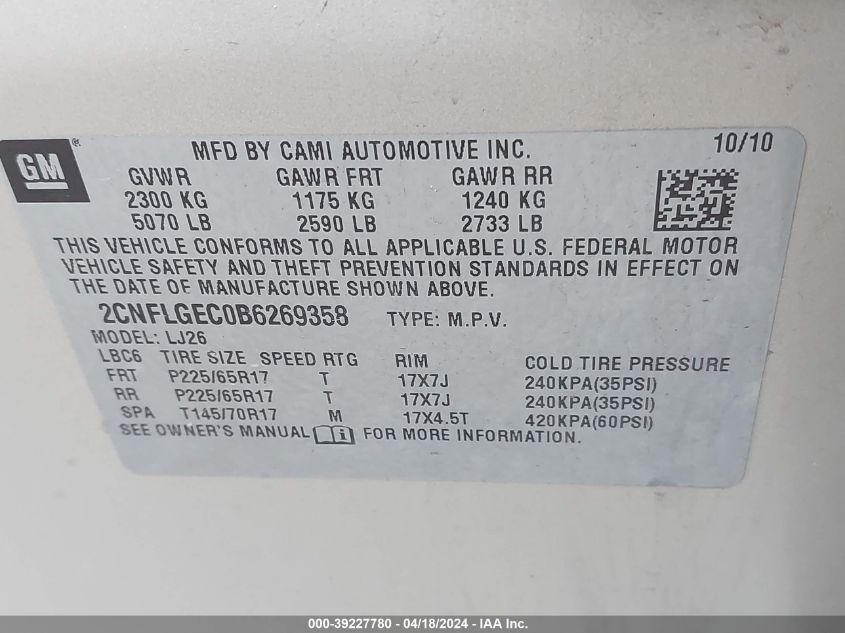 2011 Chevrolet Equinox Ltz VIN: 2CNFLGEC0B6269358 Lot: 39227780