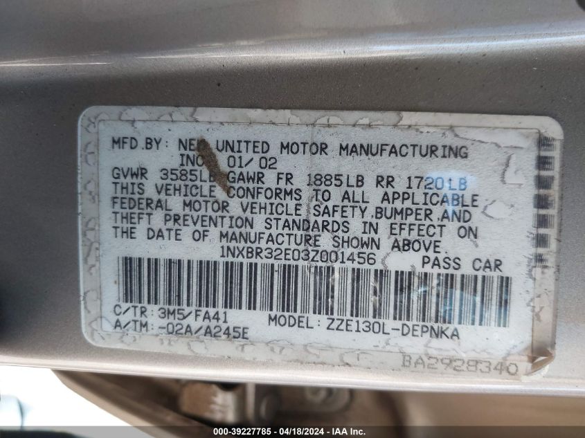 2003 Toyota Corolla Ce/Le/S VIN: 1NXBR32E03Z001456 Lot: 39227785