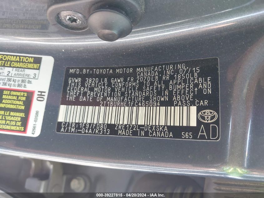 2015 Toyota Corolla S Plus VIN: 2T1BURHE1FC465094 Lot: 39227815