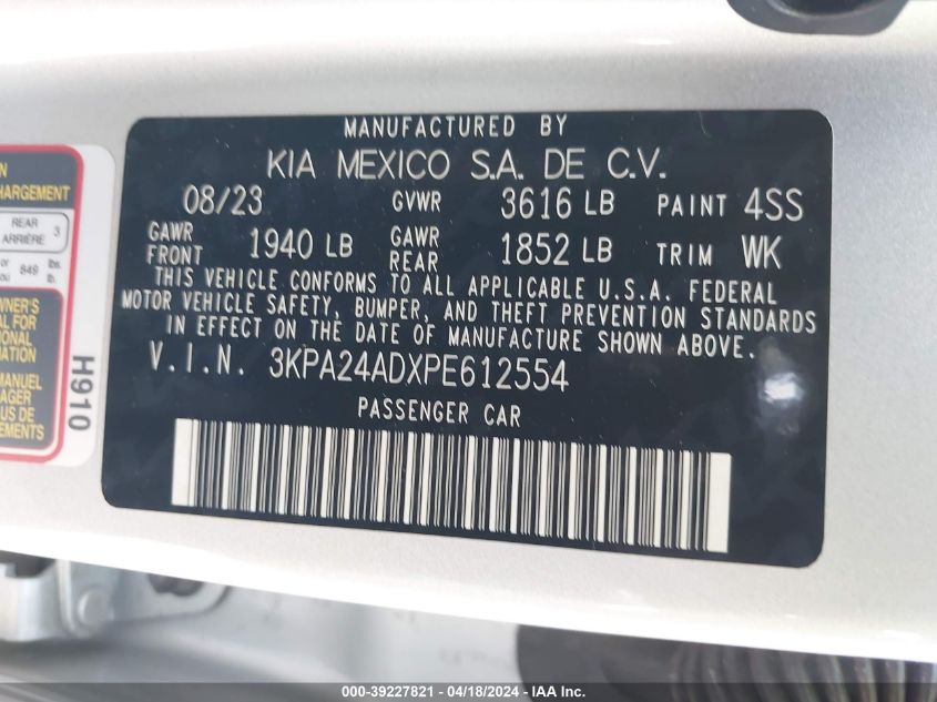 2023 Kia Rio Lx VIN: 3KPA24ADXPE612554 Lot: 39227821