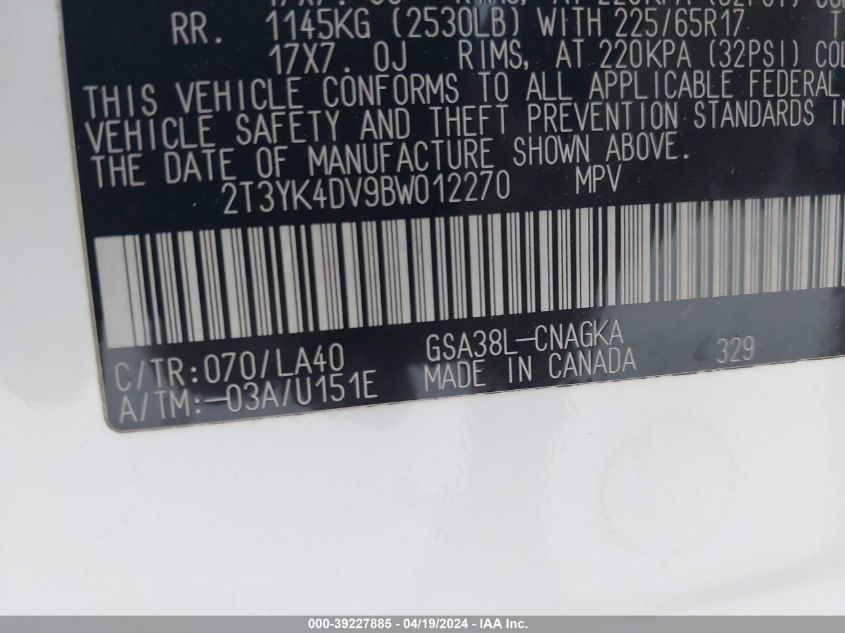 2011 Toyota Rav4 Limited V6 VIN: 2T3YK4DV9BW012270 Lot: 39227885