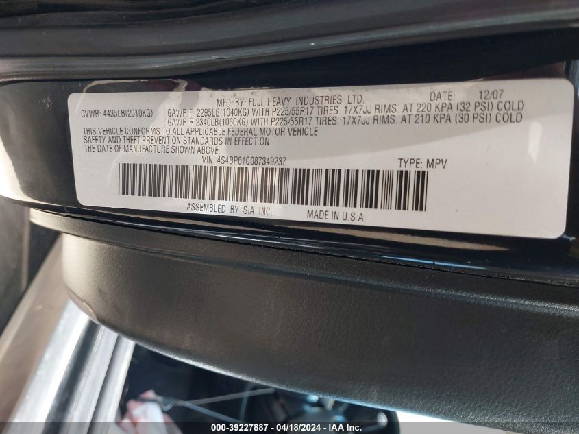 2008 Subaru Outback 2.5I/2.5I L.l. Bean Edition VIN: 4S4BP61C087349237 Lot: 39256976