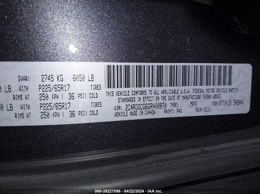 2016 Dodge Grand Caravan Sxt VIN: 2C4RDGCG6GR400870 Lot: 39227896