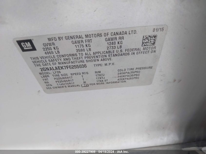 2015 Chevrolet Equinox Ls VIN: 2GNALAEK7F6255036 Lot: 39227908