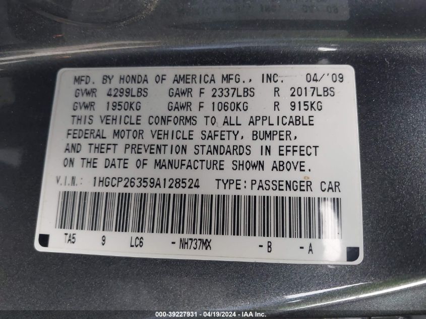2009 Honda Accord 2.4 Lx VIN: 1HGCP26359A128524 Lot: 39227931