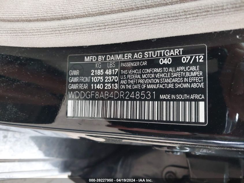 2013 Mercedes-Benz C 300 Luxury 4Matic/Sport 4Matic VIN: WDDGF8AB4DR248531 Lot: 39227950