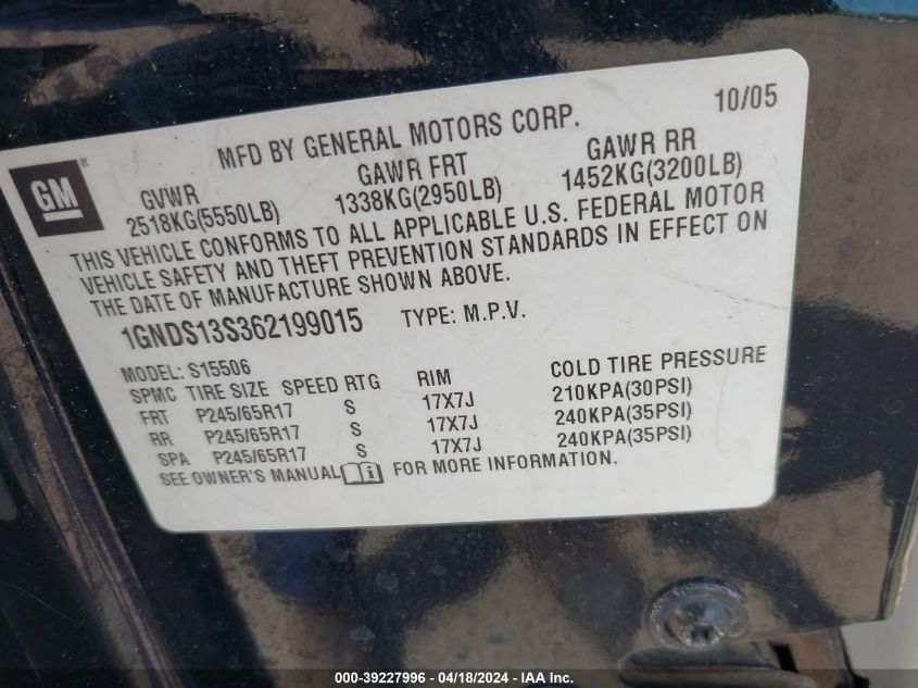 2006 Chevrolet Trailblazer Lt VIN: 1GNDS13S362199015 Lot: 39227996