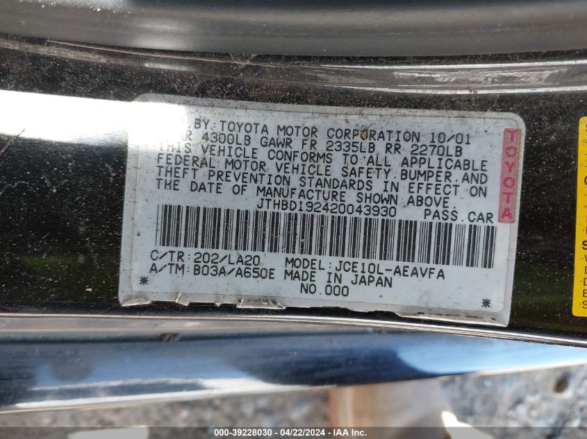 2002 Lexus Is 300 VIN: JTHBD192420043930 Lot: 39228030