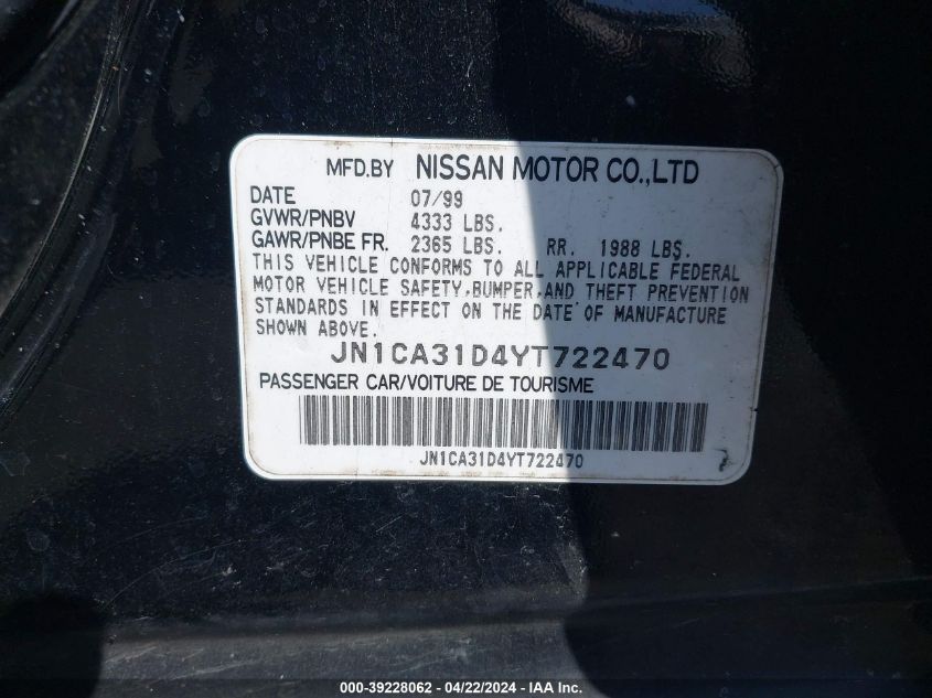 2000 Nissan Maxima Gle/Gxe/Se VIN: JN1CA31D4YT722470 Lot: 51149034