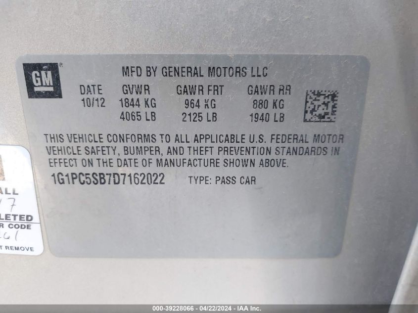 2013 Chevrolet Cruze 1Lt Auto VIN: 1G1PC5SB7D7162022 Lot: 39228066