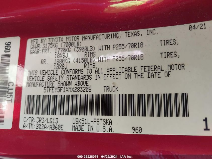 2021 Toyota Tundra Sr5 VIN: 5TFEY5F1XMX283208 Lot: 40930534