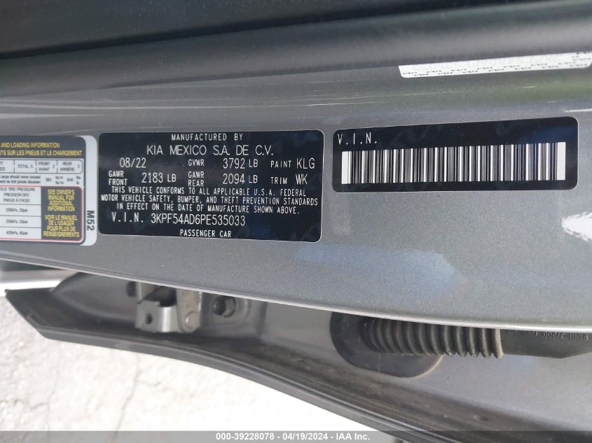 2023 Kia Forte Gt-Line VIN: 3KPF54AD6PE535033 Lot: 39228078