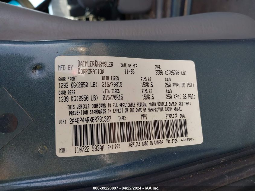 2006 Chrysler Town & Country Lx VIN: 2A4GP44RX6R731327 Lot: 48337414