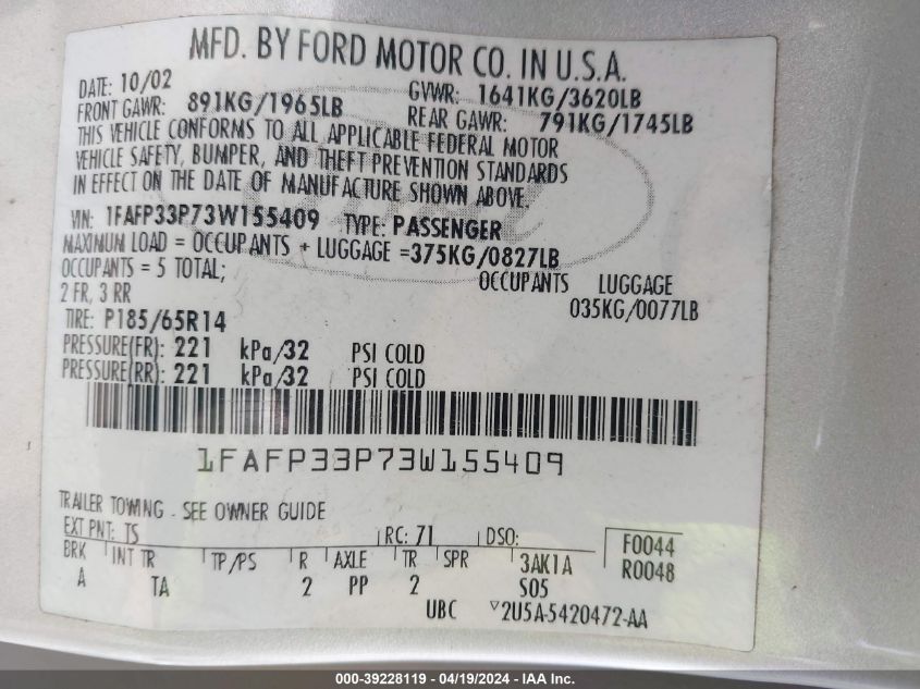 2003 Ford Focus Lx VIN: 1FAFP33P73W155409 Lot: 39228119