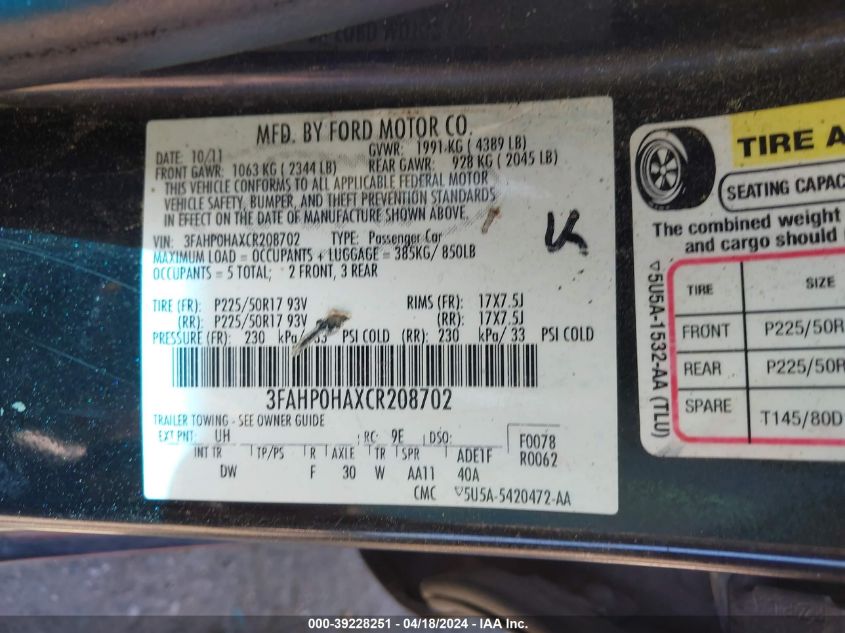 3FAHP0HAXCR208702 | 2012 FORD FUSION