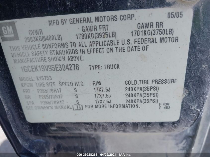 2005 Chevrolet Silverado 1500 Ls VIN: 1GCEK19V95E304278 Lot: 39228263