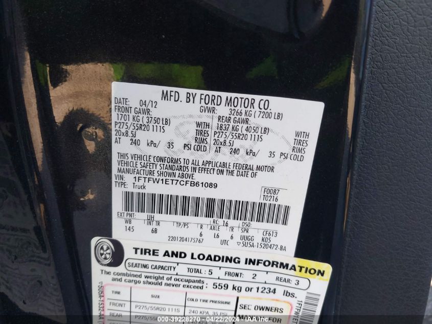 2012 Ford F-150 Supercrew VIN: 1FTFW1ET7CFB61089 Lot: 39228270
