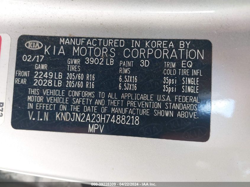 2017 Kia Soul VIN: KNDJN2A23H7488218 Lot: 46897274