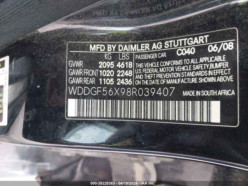 2008 Mercedes-Benz C 350 Sport VIN: WDDGF56X98R039407 Lot: 39228363