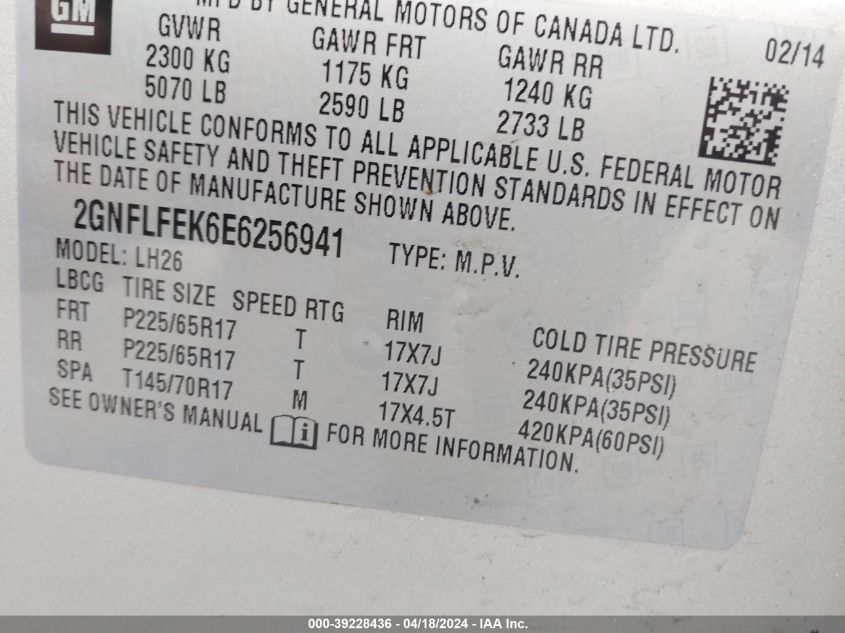 2014 Chevrolet Equinox 1Lt VIN: 2GNFLFEK6E6256941 Lot: 39228436