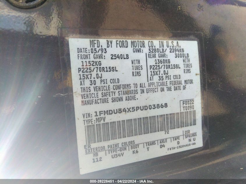 1993 Ford Explorer VIN: 1FMDU34X5PUD03868 Lot: 39228451