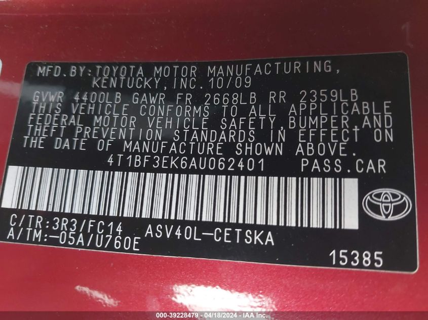 2010 Toyota Camry Se VIN: 4T1BF3EK6AU062401 Lot: 39228479