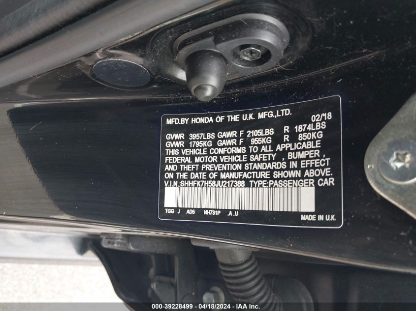 2018 Honda Civic Ex VIN: SHHFK7H58JU217388 Lot: 39228499