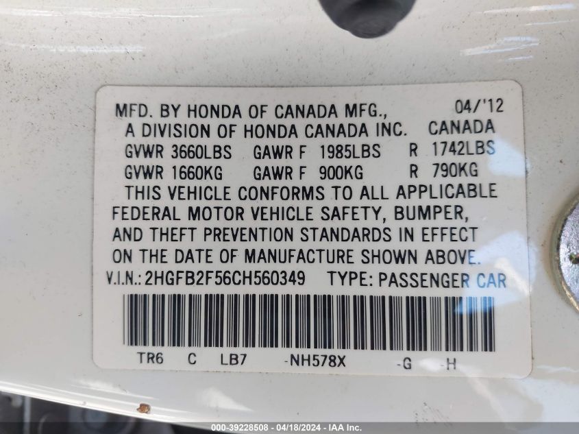 2012 Honda Civic Lx VIN: 2HGFB2F56CH560349 Lot: 39228508