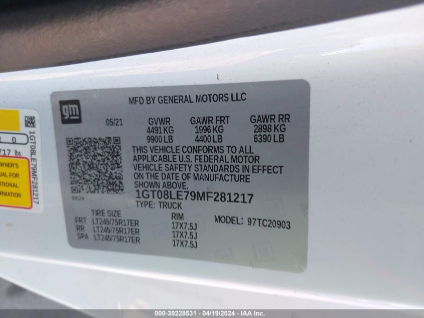 2021 GMC Sierra 2500Hd 2Wd Regular Cab Long Bed VIN: 1GT08LE79MF281217 Lot: 39228531