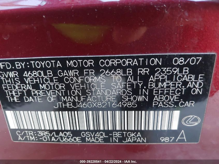 2008 Lexus Es 350 VIN: JTHBJ46GX82164985 Lot: 39228541