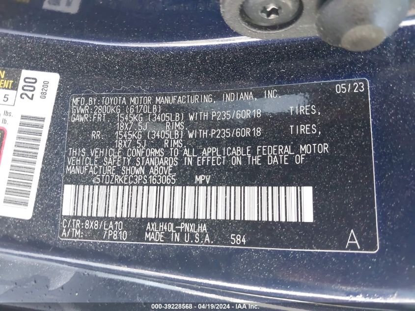 2023 Toyota Sienna Limited VIN: 5TDZRKEC3PS163065 Lot: 39228568