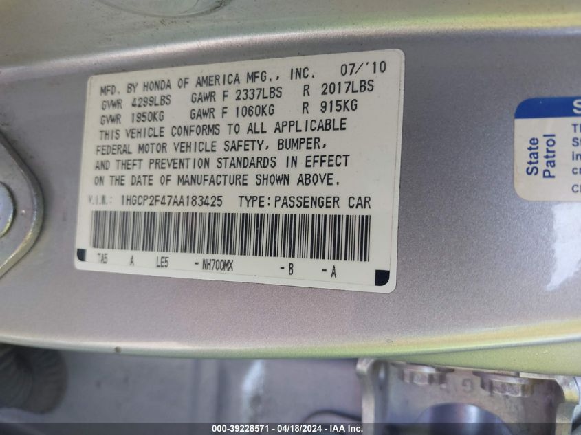 2010 Honda Accord 2.4 Lx-P VIN: 1HGCP2F47AA183425 Lot: 39228571