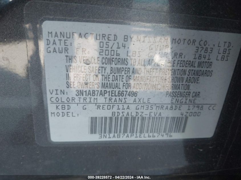 2014 Nissan Sentra Fe+ S/Fe+ Sv/S/Sl/Sr/Sv VIN: 3N1AB7AP1EL667496 Lot: 39228572