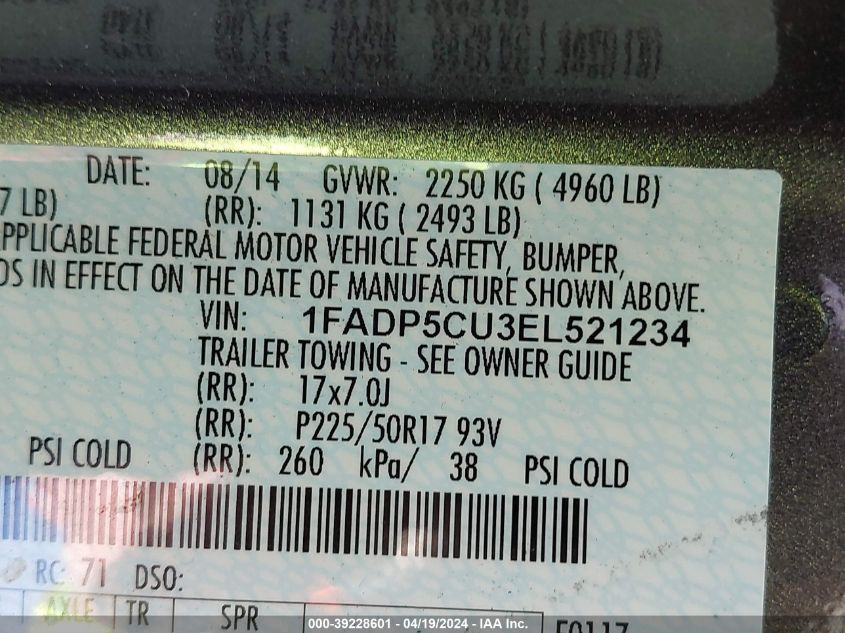 2014 Ford C-Max Energi Sel VIN: 1FADP5CU3EL521234 Lot: 39228601